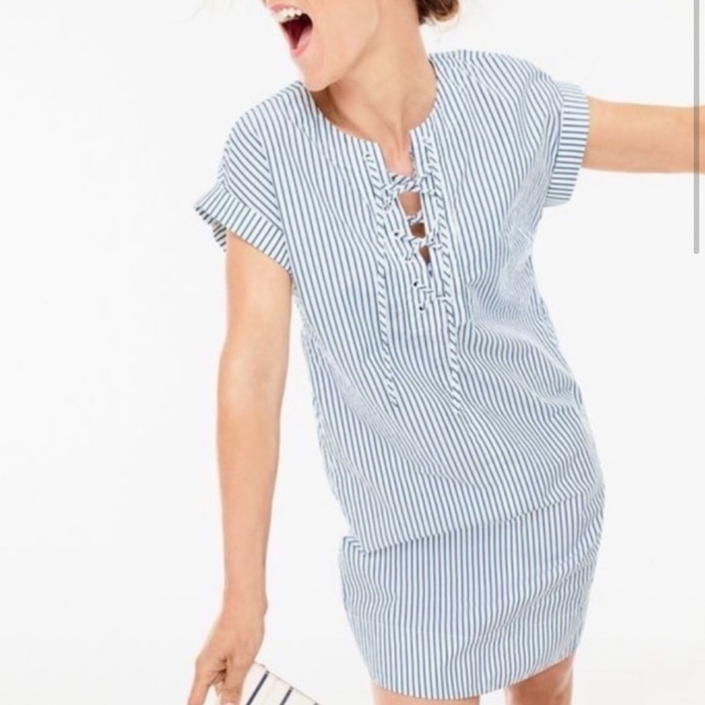 Jcrew Nautical Shirt Dress Blue and White Striped Medium Lace-up